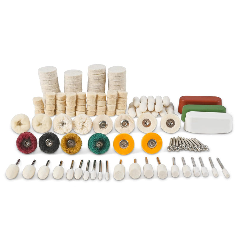 [Australia - AusPower] - 137PCS Buffing Wheel Polishing Kit with Polish Compound, Rotary Tool Accessories with 1/8" Shank, Abrasive Wheel Buffing Polishing Wire Brushes Wool Felt Cotton Mounted Compatible with Dremel 