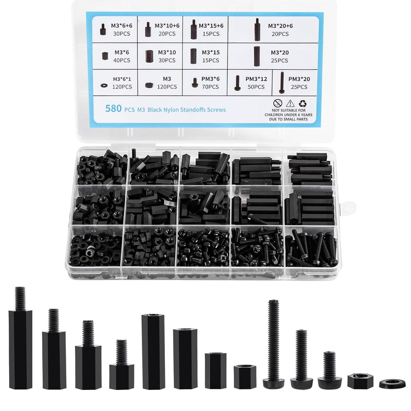 [Australia - AusPower] - 580 PCS M3 Black Nylon Standoff Kit with Spacers, Screws, and Nuts - Motherboard & PCB Mounting Standoffs and Screws, Threaded Pillar Spacers for Circuit Boards and Computer Building 