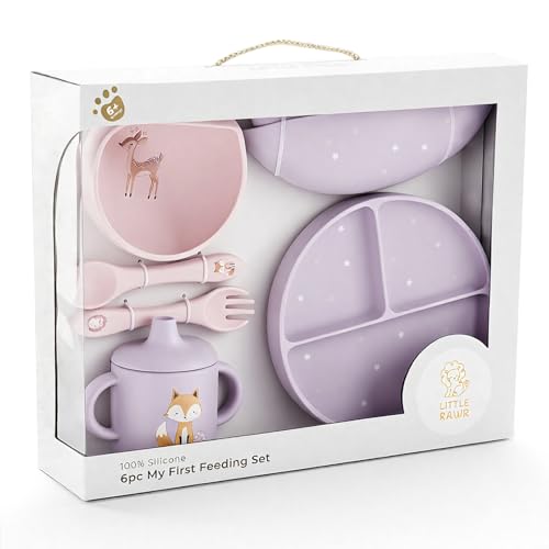 Little Rawr Baby Led Weaning Bundle, 100% Silicone Baby Feeding Set Includes Divided Plate, Suction Bowl, Straw Cup, Bib, Spoon & Fork, Develops Self Feeding Skills, Dishwasher Safe (Purple) Pink