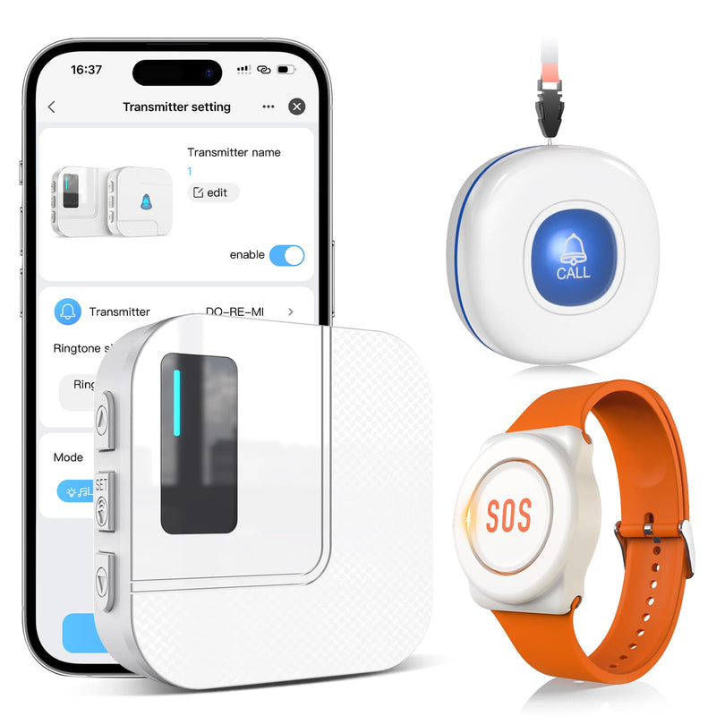 CallToU Wi-Fi Wireless Caregiver Pager Call Button for Elderly at Home , APP Emergency Alert for Seniors, Patients, and the Disabled with 1 Call Button, 1 Watch Button, 1 Receiver (2.4GHz Wi-Fi) white 2+1