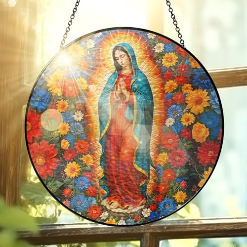 FLAGWIX Our Lady of Guadalupe Stained Glass Suncatcher, 8 in Red & Blue - Mother Mary
