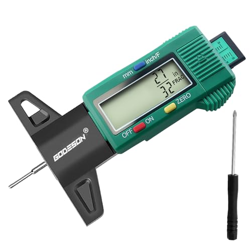 GODESON digital tire tread depth gauge with large LCD screen and green body for car, truck, and SUV tires