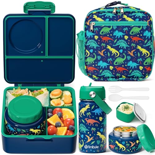Fimibuke Bento Box for Kids Adult - Leakproof 3-4 Compartments Lunch Bento Box Set with Insulated Food Jar, Water Bottle, Lunch Bag, Sauce Cup & Cutlery for Toddler Teen Shcool Girl Boy Age 3+ A2.Dinosaur