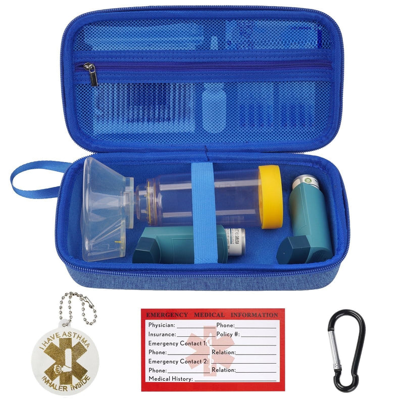 [Australia - AusPower] - YouKnow Travel Carrying Case for Asthma Inhaler, Inhaler Spacer for Adults and Children, Mask, Inhaler Holder with Asthma Warning Label and Medical Card, with Carabiner (Case Only) (Blue) Blue 