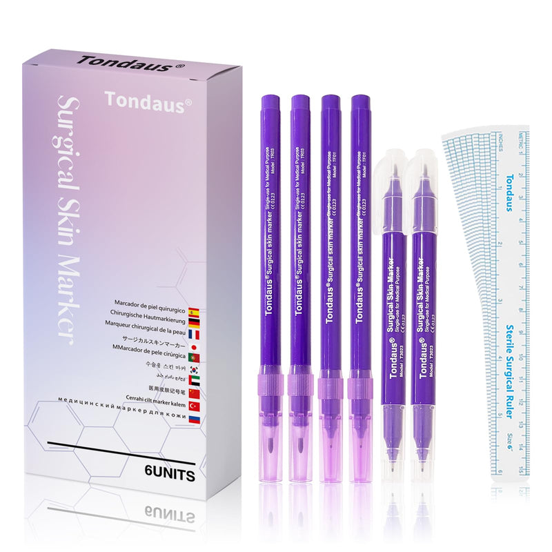 [Australia - AusPower] - 6Pcs Professional Surgical Tip Skin Marker Pen Purple Ink Stencil Markers Pen with Paper Ruler for Eyebrow, Tattoo Skin Marking Individually Wrapped 0.5MM & 1MM (Purple) 