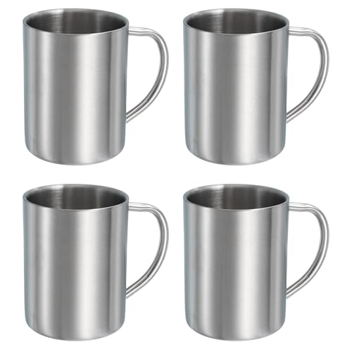uxcell 4Pcs Metal Coffee Mugs, 14 Ounces Metal Double Walled Mugs with Handles (Silver) 4