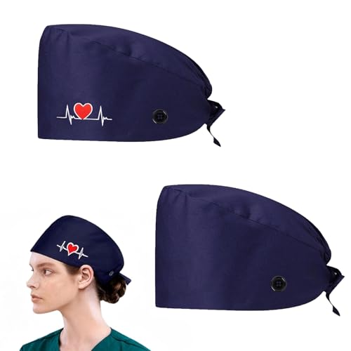 Pack of 2 surgical caps made of cotton, surgical cap fabric | Women's surgical caps with buttons, doctor costume accessory for doctors, nurses (navy blue)