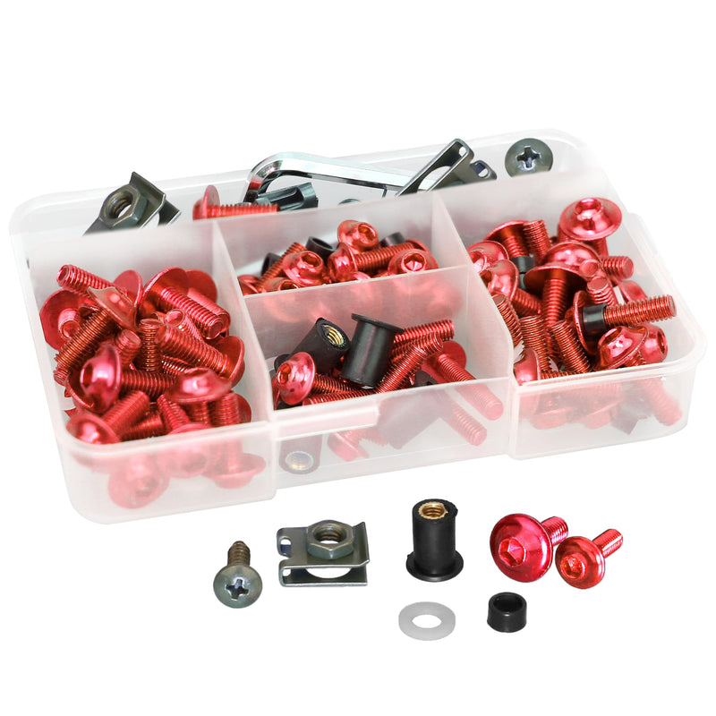 [Australia - AusPower] - 210Pcs Motorcycle Universal Fairing Bolt Kits, Aluminum Alloy M5 M6 Screws Fasteners, Washers Nuts Clips Assortment (Red) 