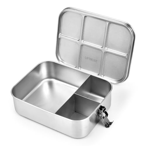 UPTRUST Stainless Steel Bento Lunch Box, 3-Compartment Large 1400ML Metal Bento Box for Kids or Adults, Container with Lockable Clips to Leak Proof 47oz 3-Compartment