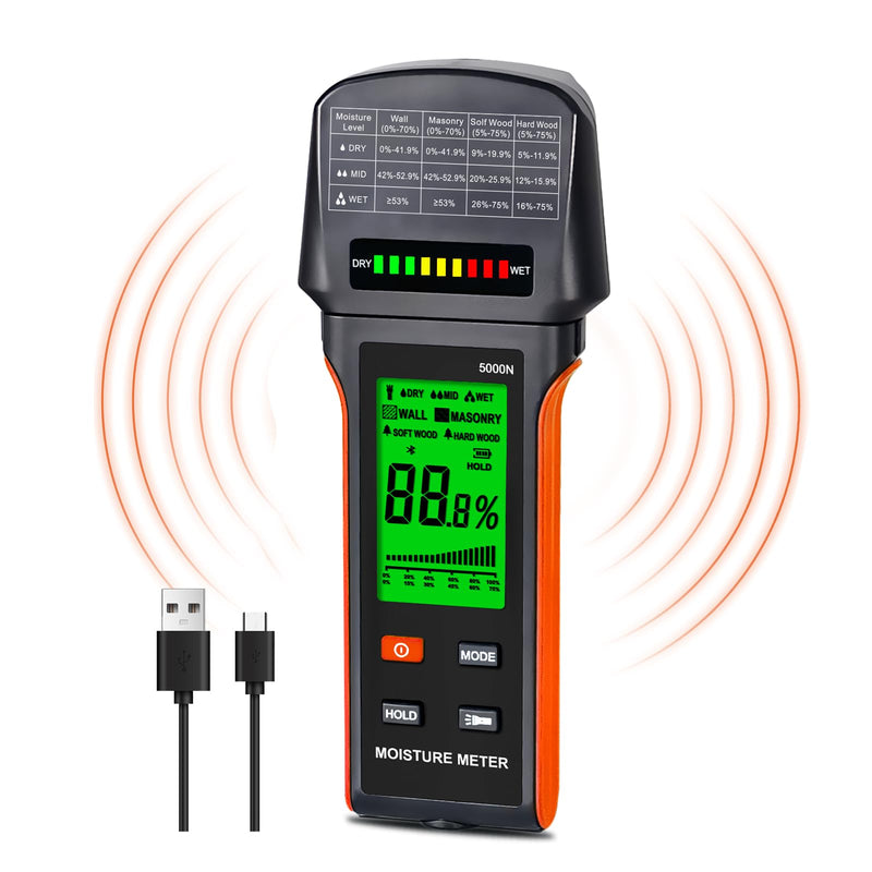 [Australia - AusPower] - Pinless Moisture Meter for Wood, Drywall & Masonry – Fast & Precise Handheld Moisture Detector，Wood Moisture Meter – Measures 5-75% (Wood), 5-70% (Drywall/Masonry) /Auto-Off & Alarm 