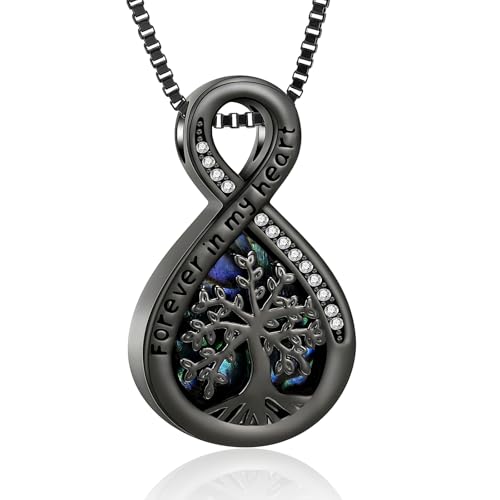 XSMZB Infinity Cremation Jewelry for Ashes for Women Men Tree of Life Urn Necklace for Human Pet Abalone Shell Memorial Ash Pendant Black
