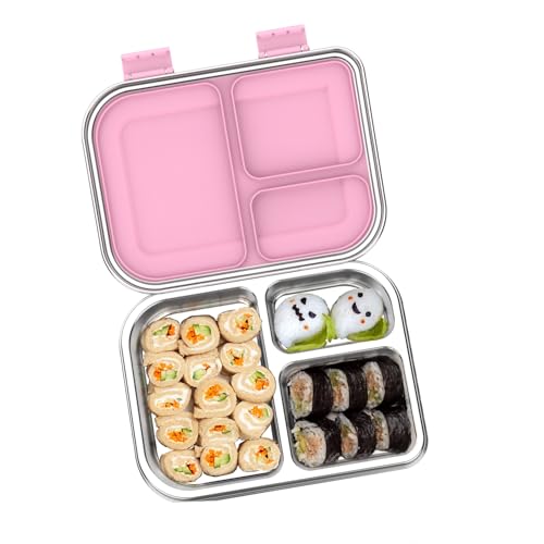 Stainless Steel Bento Box for Kids 1000ml - 3 Compartment Lunch Box for Adults, Leakproof Food Container, BPA-Free Metal Lunch Box with Silicone Seal, Eco-Friendly/Dishwasher Safe (Pink) Pink