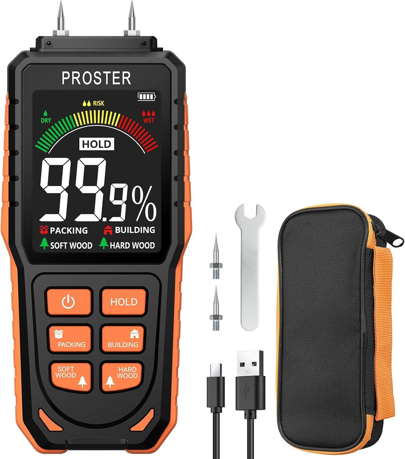 [Australia - AusPower] - Proster Rechargeable Moisture Meter with Tri-Colour Display – Wall Damp Meter with Visual & Sound Alerts, Professional Damp Detector for Timber, Walls, Cement, and Building Materials Rechargeable Pin Moisture Meter 