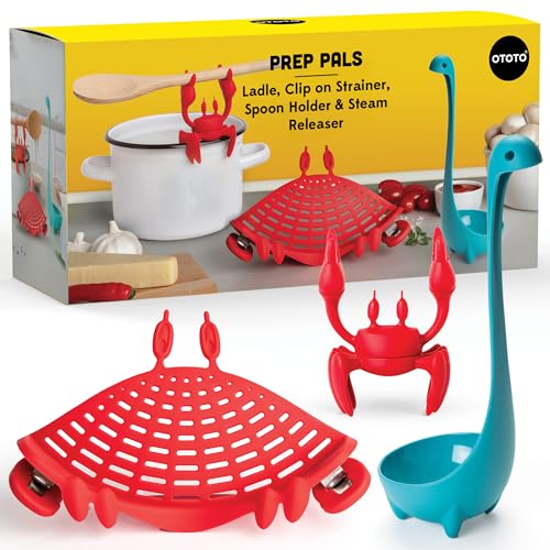 OTOTO Prep Pals Bundle of Red the Crab, Nessie, Crabby - Cute Kitchen Accessories, Kitchen Gadgets, Spoon Rest for Stove Top, Soup Ladle, Pasta Strainer, Funny Unique Gifts, Cooking Gifts BUNDLE - Prep Pals