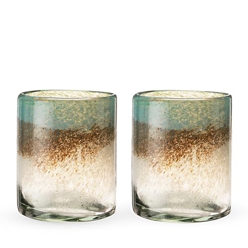 Segunda Vida Playa Bonita Hand-Blown Tumblers, Recycled Drinking Glasses, Coastal Inspired Sea Blue and Sand Design, Mexican Glassware, Decorative Drinkware for Home Bars, 10 oz, Set of 2 Modern