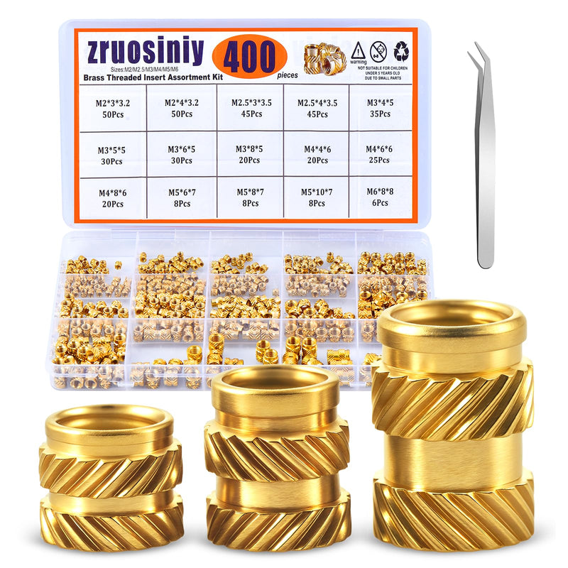 [Australia - AusPower] - 400Pcs Brass Knurled Threaded Embedment Nuts M2 M2.5 M3 M4 M5 M6, Embed Parts for Plastic and DIY 3D Printing Components, Female Thread Metric Knurled Nuts Assortment Kit 