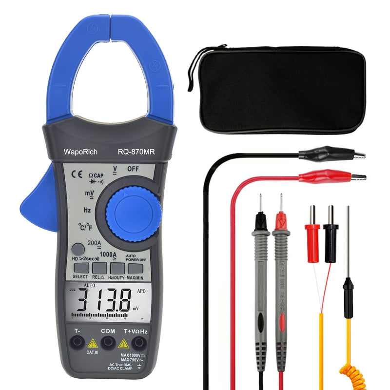 [Australia - AusPower] - Clamp Multimeter TRMS Auto-Ranging, 4000 Counts AC/DC Voltage Current Meter, Temp Frequency Capacitance Diode Continuity Tester Backlit(RQ-870MR) 