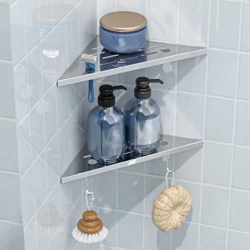 DAYONE 2 Pack Corner Shower Shelves 10", Chrome 304 Stainless Steel Recessed Bathroom Shelf with Razor Holding Hole and 2 Hools, for Tiled Wall No Drilling Needed 2 Hooks-10”
