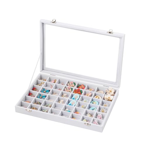 Frebeauty 48 Grid Earring Organizer,Velvet Jewelry Tray with Clear Lid White