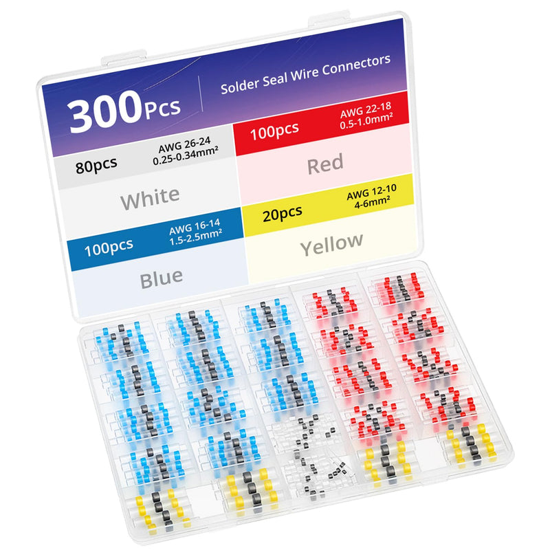 QWORK® 300 Pieces Solder Connectors Heat Shrink Connectors in 4 Sizes (26-10 AWG), 3:1 Shrink Ratio, Color-Coded Melt Connectors for Electronics & Vehicles 300 pieces