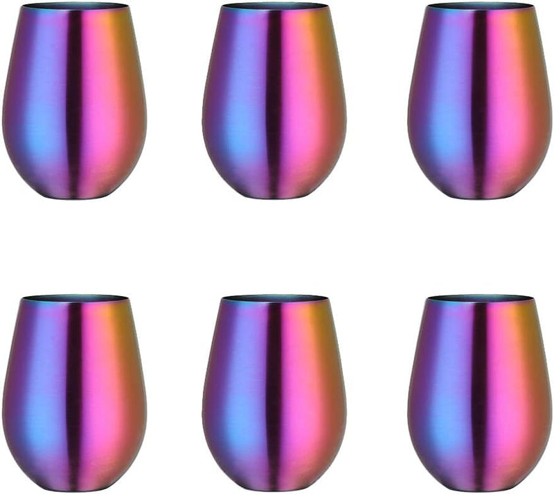Buyer Star Double-Walled Metal Wine Cup - 17oz Unbreakable Stainless Steel Stemless 6-pack Tumbler Glasses for Chilled Drinks, Perfect for Father's Day, BBQ, Picnic & Beach (Rainbow) Rainbow