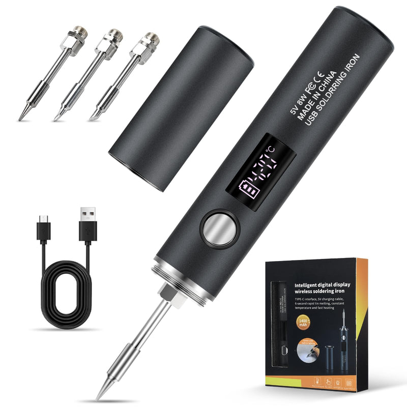diymore Battery Soldering Iron Set, USB Wireless Soldering Iron, 5 Gears Temperature Adjustable 260 °C - 420 °C, 3 Soldering Tips, Soldering Iron Battery for Repair of Welding 10 W (1400 mAh)