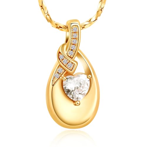 Imrsanl Teardrop Urn Necklace for Ashes for Women Stainless Steel Crystal Heart Cremation Jewelry Memorial Human Ashes Holder Funeral Keepsake Pendant (Gold)