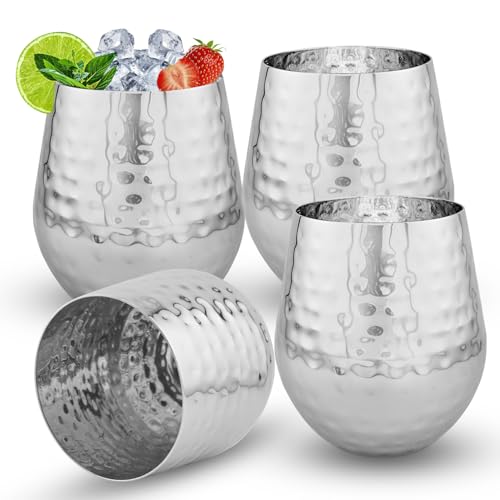 Durable Heavy-Gauge 16.9oz (500ml) Stainless Steel Metal Mugs Cups Tumbler Drinking Glasses – Premium Grade, Single Wall, Food Grade, Set of 4 (Hammered High Polish) Hammered, High Polish