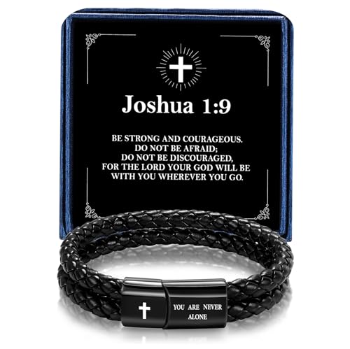Christian Bracelet for Men, Bible Verse Leather Cross Gift for Men A-Joshua 1:9