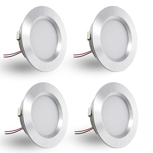 Set of 4 LED Recessed Spotlights, 12 V, 3 W, Recessed Spotlights, LED Flat Hole 55-58 mm and 14 mm Flat, LED Spot 12 V IP44 Dimmable Ceiling Spotlight, Furniture Recessed Spotlights (Silver Warm White 3000 K) Silver Warm White 3000 K