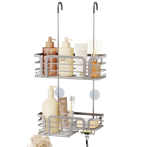 SWTYMIKI Shower Caddy Hanging Organizer - Over the Door Shower Caddy with Soap Holder, 11 Hooks, 2 Installation Ways, Stainless Steel Rustproof Bathroom Organizer, Sand Nickel