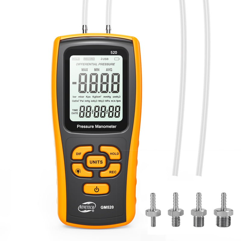 Digital Manometer Gas Pressure Tester, Professional Air Pressure Meter, Differential Pressure Gauge for HVAC, Gas Valve (GM520) GM520X