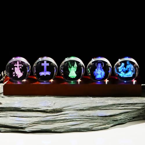 YWHL Religious Christian Gifts for Women Men, 3D Crystal Religious Ball Religious Balls + Colorful Lights (Dark Base)