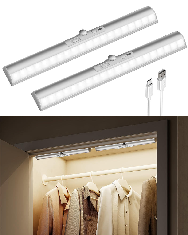 [Australia - AusPower] - EZVALO 13inch Motion Sensor Closet Lights, 2 Pack Rechargeable LED Lights with Rotatable Sensor, Glare-Free, 3 Color Temps & Dimmable, Magnetic Cabinet Lighting for Closet, Pantry, Stairs 