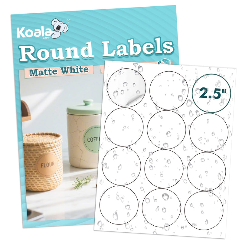 Koala Round Labels 2.5 Inch, Matte Waterproof Printable Circle Stickers for Inkjet and Laser Printer, 240 Circle Labels for Brand Logo, Bottle, Jar