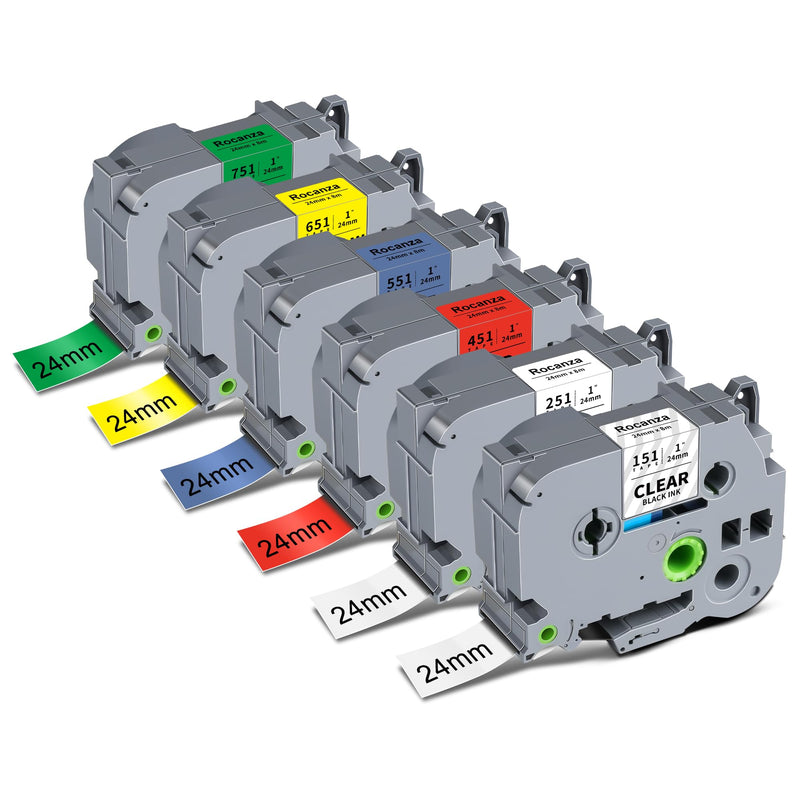 [Australia - AusPower] - 24mm 0.94 Laminated TZ Tape Clear/White/Red/Blue/Yellow/Green Compatible with Brother P Touch Label Tape 1" TZe-251 151 451 551 651 751 for PTouch D600 E500 P700 P710BT D410 D460BT D610BT, 6-Pack Black on Clear/White/Red/Blue/Yellow/Green 