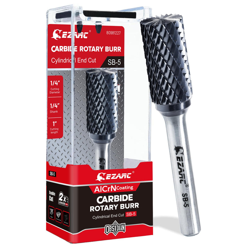[Australia - AusPower] - EZARC AlCrN Carbide Rotary Burr Bit (Pro), SB-5 Double Cut Carbide Burr 1/4" Shank Die Grinder Cutting Burrs Bit for Hard Metal Working, 1-Pack 