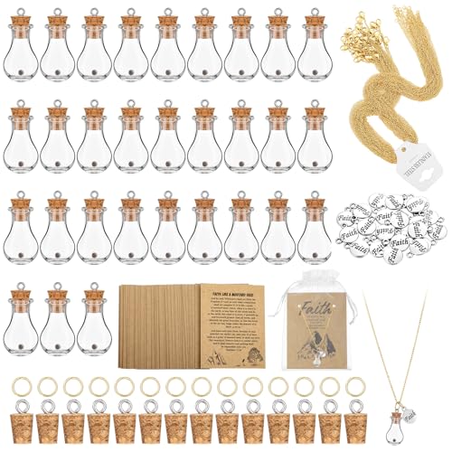 Teenyyou 30 Sets Mustard Seed Necklace Christian Charms Includes 0.5ml Tiny Glass Bottles with Cork and Cards Mustard Seed Gift Christian Gifts for Woman Church Baptism, Not Include Seeds (Gold)