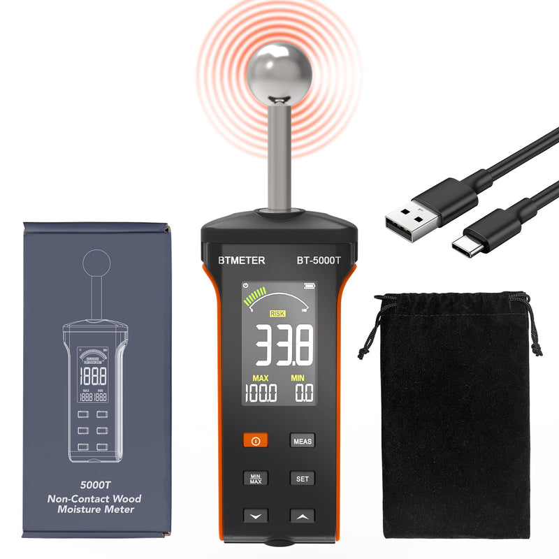 [Australia - AusPower] - BTMETER Wood Moisture Meter - Pinless Moisture Detector Measur Depth 20-40mm Non-Destructive Moisture Tester with Masonry Spherical Sensor Sound Alarm LCD Display for Firewood Walls Flooring Concrete 