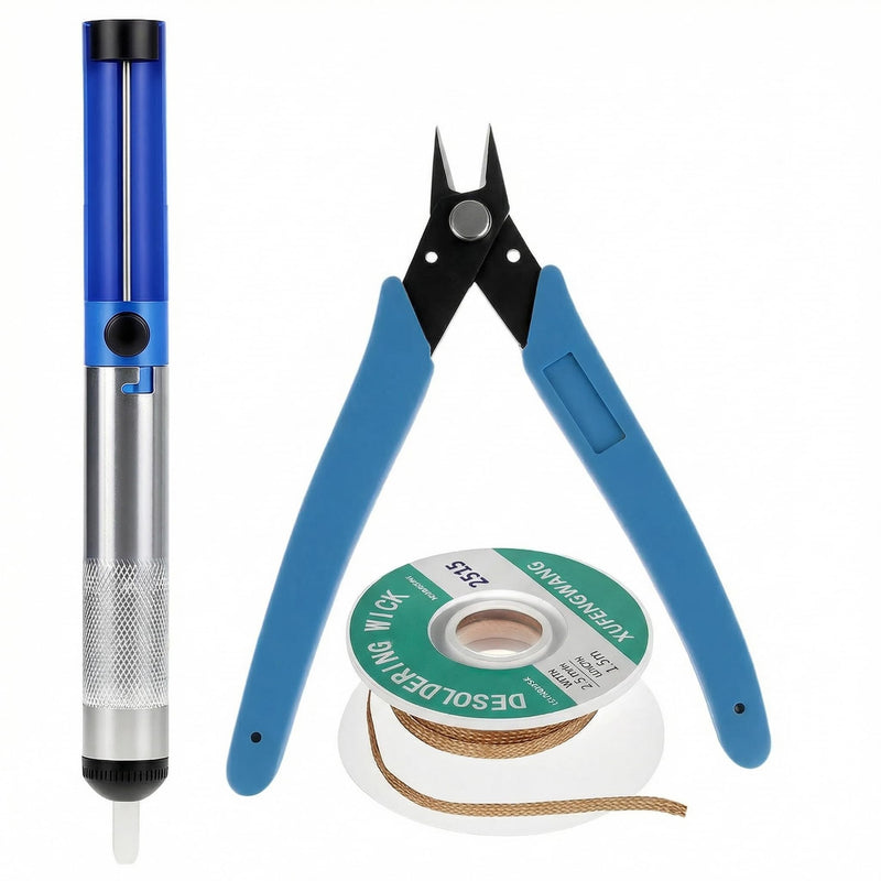 QWORK 3 Pieces Solder Removal Tool Kit for Solder Wick Desoldering Pump and Wire Cutter Pliers for DIY Electronics
