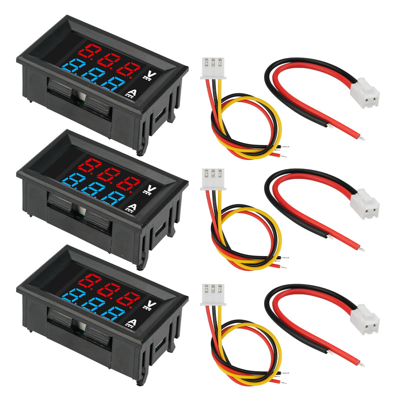 [Australia - AusPower] - 3Pcs Ammeter Voltage Meter Digital DC 0-100V 10A 0.28" LED Display Red Blue Dual with Connect Wires Compatible with for Electronic Circuit Experiments EV Cars Boats ect 
