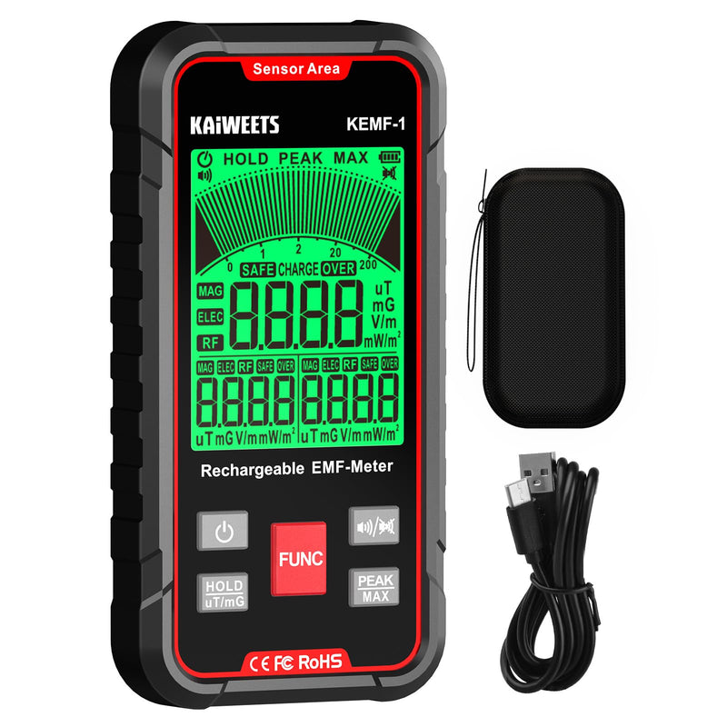 [Australia - AusPower] - KAIWEETS EMF Detector, 3-in-1 Handheld EMF Meter Detects EF, RF, MF, WiFi Signal, Rechargeable Radiation Detector with 3 Color Backlight and Sound Alarm, Suitable for Home, Office, Ghost Hunting 