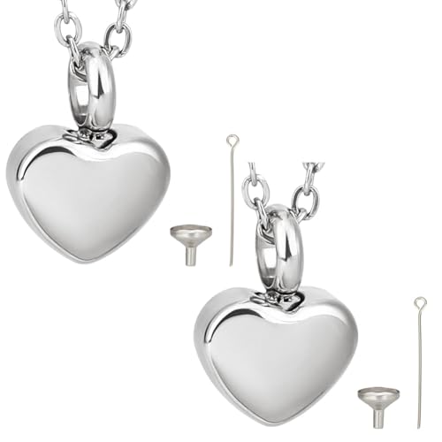CREATCABIN 2 Packs Small Heart Cremation Jewelry for Ashes Heart Urn Necklaces for Ashes Holder Stainless Steel Memorial Urn Jewelry Waterproof Keepsake Pendant for Family Friends Pet 1.2x1.7cm Silver