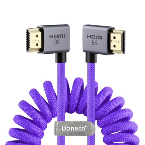 Uonecn Right Angle HDMI 2.1 Cable for Camera, 48Gbps 8K Braided Coiled HDMI for Atomos Ninja V, Portkeys BM5, Short HDMI Cable for Sony A7iv, Z-CAM F6, Z-Cam E2 Pro Cameras, Purple, Left to Right Left to Right Angle