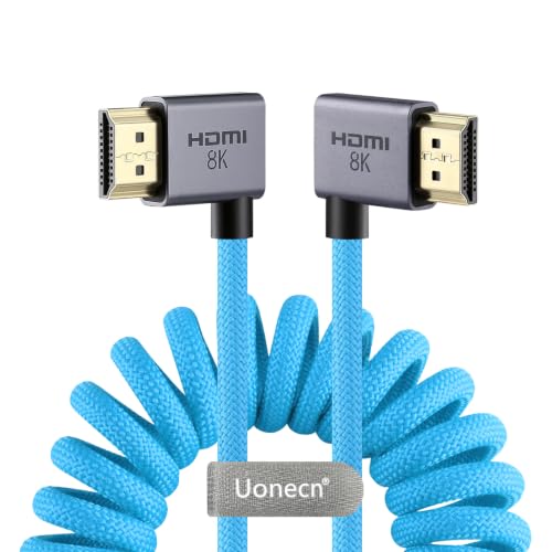 Uonecn Right Angle HDMI 2.1 Cable for Camera, 48Gbps 8K Braided Coiled HDMI for Atomos Ninja V, Portkeys BM5, Short HDMI Cable for Sony A7iv, Z-CAM F6, Z-Cam E2 Pro Cameras, Blue, Left to Right Left Angle to Right Angle