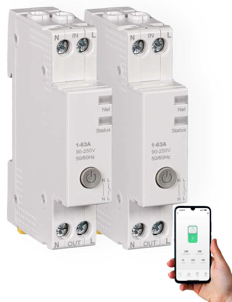 Moes Smart Timer DIN Rail 1P + N 16A 25A 40A 63A with Metering | For circuit breaker, compatible Alexa & Google Home, over-current and surge protection, Smart Life/Tuya app, pack of 2 WiFi 2 pieces