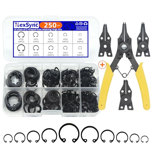 NexSync external retaining rings assortment kit with 4-in-1 snap ring pliers and convertible jaws, 250 pieces