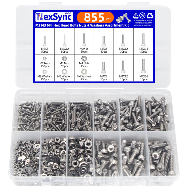 [Australia - AusPower] - 855Pcs Machine Screws Nuts and Bolts Assortment Kit, M2/M3/M4 Socket Head Cap Assorted 304 Stainless Steel Bolts Nuts Flat Washers Bolts with Case Hex Socket Head 