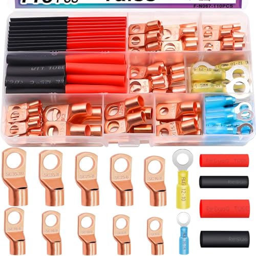 Taiss 110 pieces copper cable lugs set, shrink tube set, ring cable lugs, 6 mm², 10 mm², 16 mm², 25 mm², 35 mm², copper cable lugs, M6, M8, M10 with heat shrink tubes for car battery cable distribution boxes