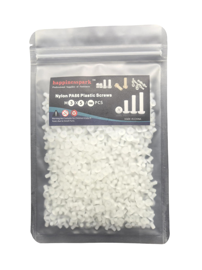 [Australia - AusPower] - Nylon M3x5 1000PCS Metric Phillips Flat Head Screws - Chemical Resistant Fastener Kit, Non-Conductive PA66 Bolts for PCB/Automotive Assembly White 